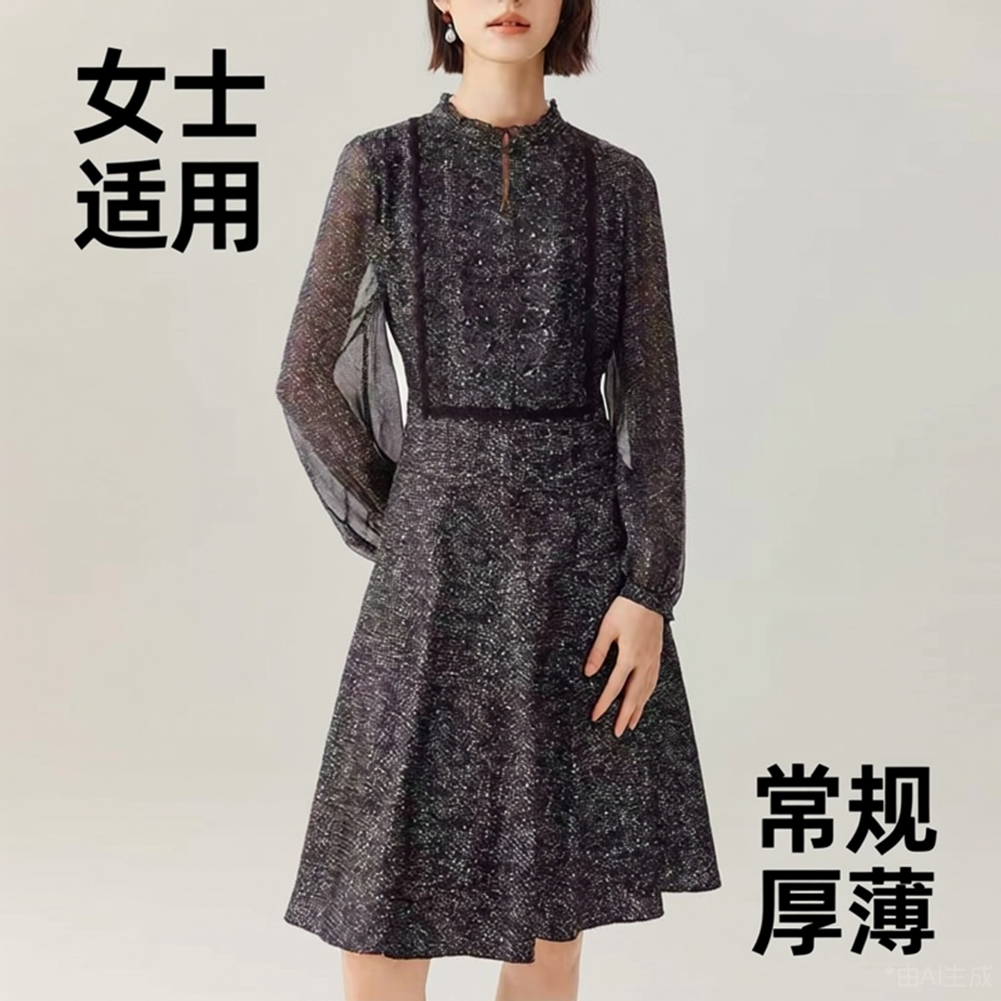 2025早秋新款维格娜女装粗花呢印花斜纹绸拼通透乔其长袖连衣裙