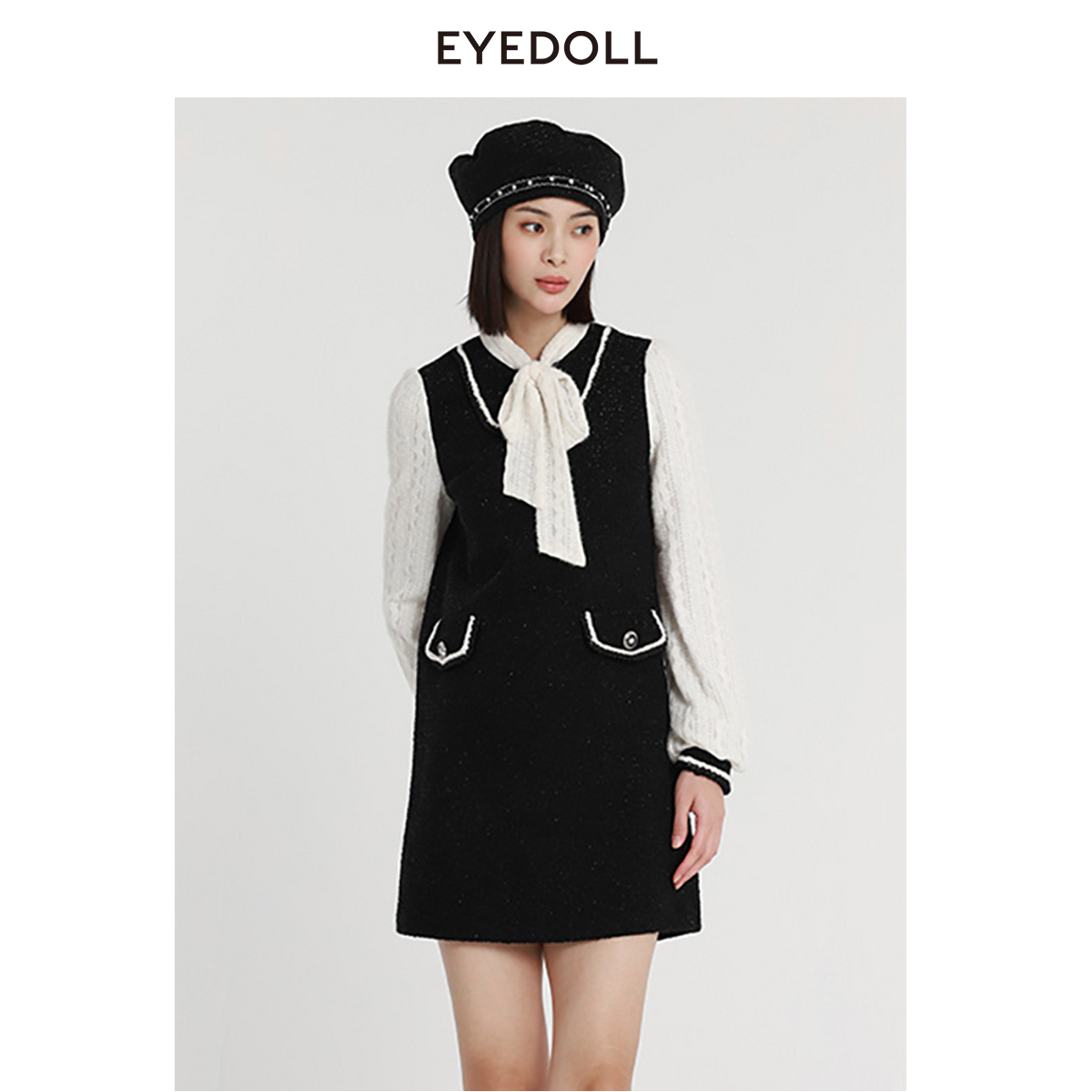 EYEDOLL【商场同款】23冬季新款复古优雅H型小香风拼接蕾丝连衣裙