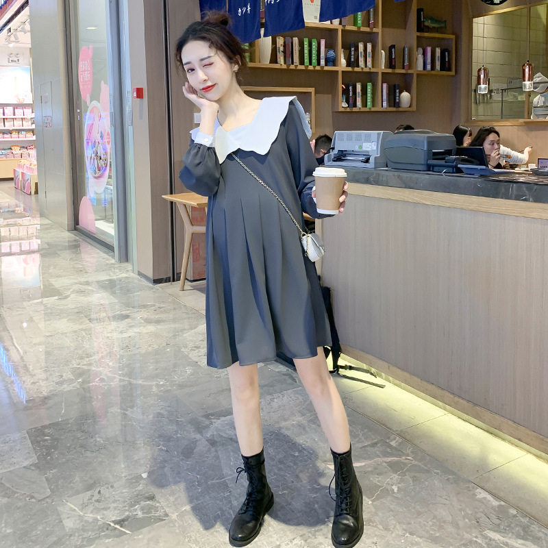 2022春装新款网红孕妇秋云朵方领撞色褶皱时尚减龄甜美潮妈连衣裙