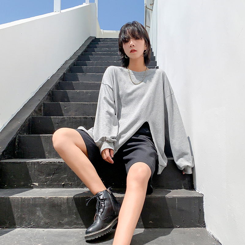 秋季复古韩版长袖卫衣女休闲圆领宽松显瘦上衣小众设计感个性开衩