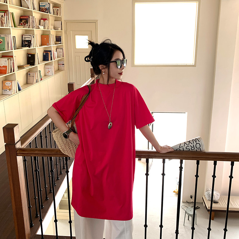 彩色半高领短袖T恤女夏大码长款慵懒风宽松纯棉打底衫小立领上衣