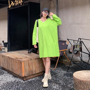 中长款长袖t恤女v领宽松过膝2026韩版纯棉大码慵懒风打底衫T上衣