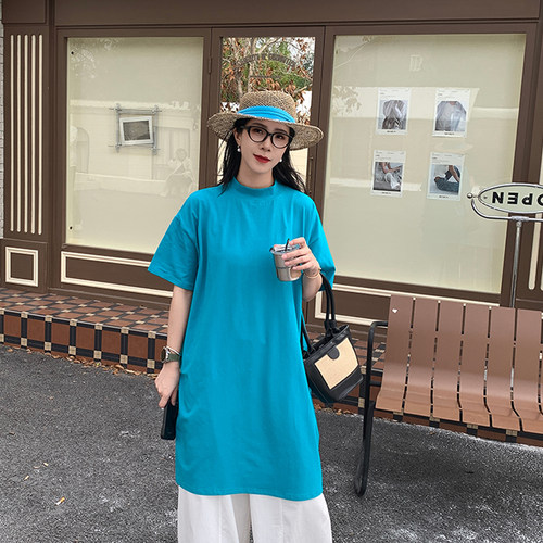 短袖t恤女半高领夏长款慵懒风