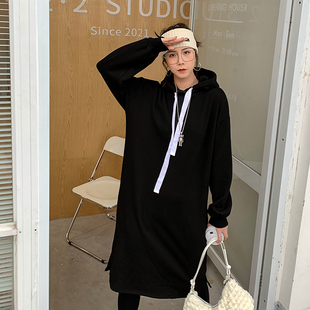 连帽长款卫衣女加绒纯色过膝宽松显瘦慵懒风卫衣裙秋冬大码连衣裙