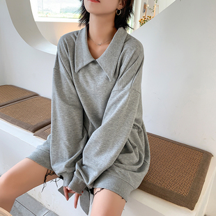 2026秋季长袖卫衣女灰色polo宽松大码慵懒风胖MM中长款翻领上衣