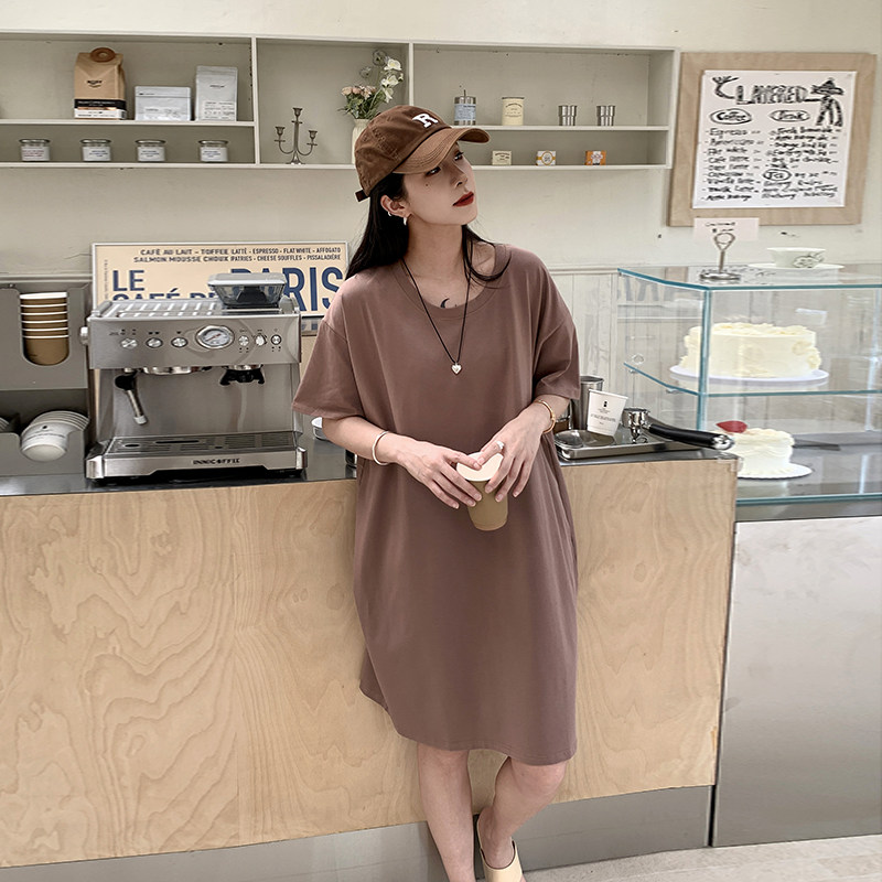 中长款纯棉大圆领短袖t恤女