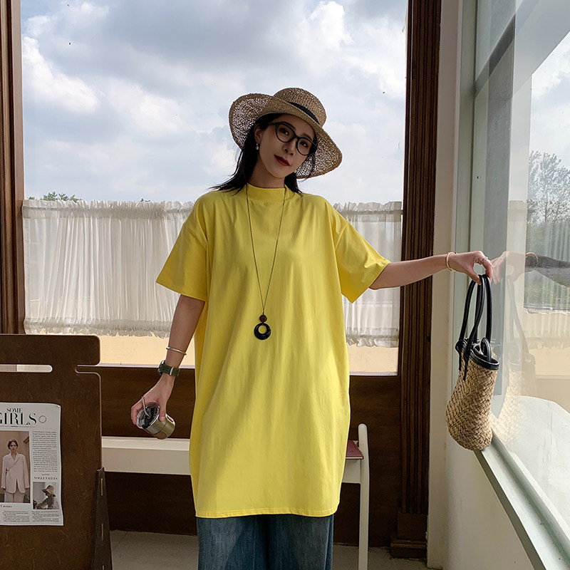 明黄色长款慵懒风半高领短袖t恤女夏彩色纯棉大码宽松中领打底衫