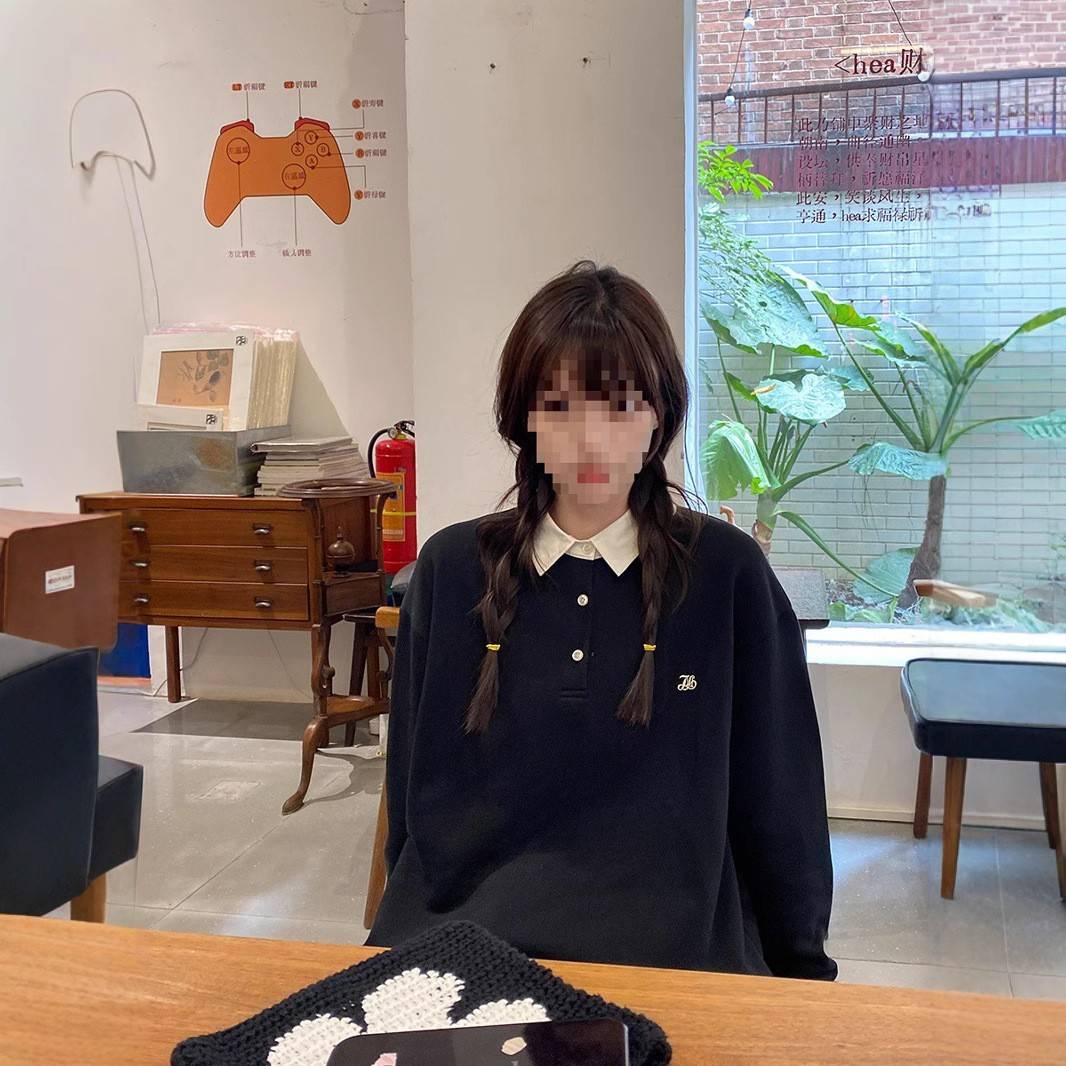 奶兔-自制 刺绣撞色格子拼接polo翻领纯棉套头卫衣女2025新款星球