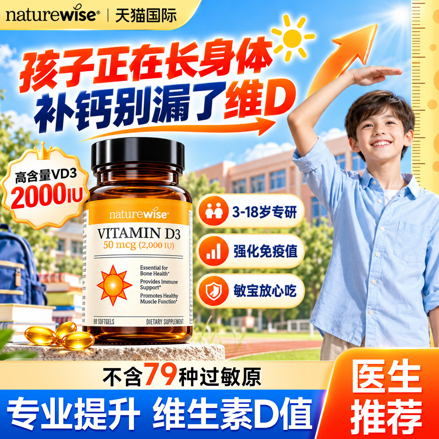 儿童维生素d3阳光瓶Naturewise青少年vd3维d补钙3岁6岁10岁以上