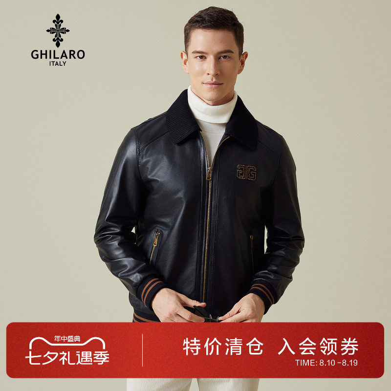 吉那诺牛皮革针织翻领真皮外套男