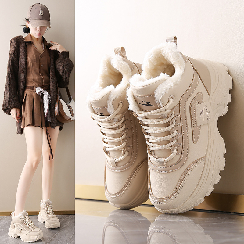 Miss Smile冬季新款2025加绒高帮鞋百搭运动休闲加厚保暖老爹鞋