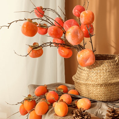 仿真柿子果实树枝假花过年宵摆设件客厅装饰插干花束落地家居软装