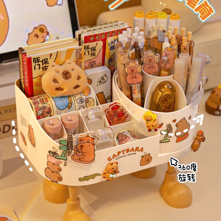 卡皮巴拉旋转笔筒大容量文具杂物桌面收纳盒子儿童卡通创意置物架