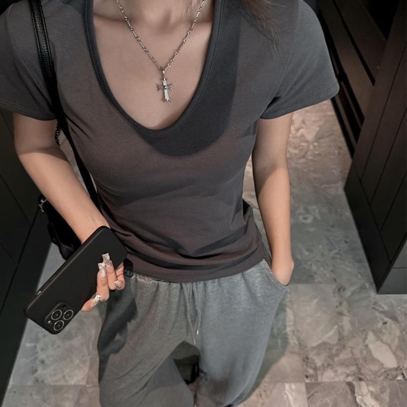纯棉深U领纯欲风正肩短袖女式t恤夏季韩系女装修身打底衫内搭上衣