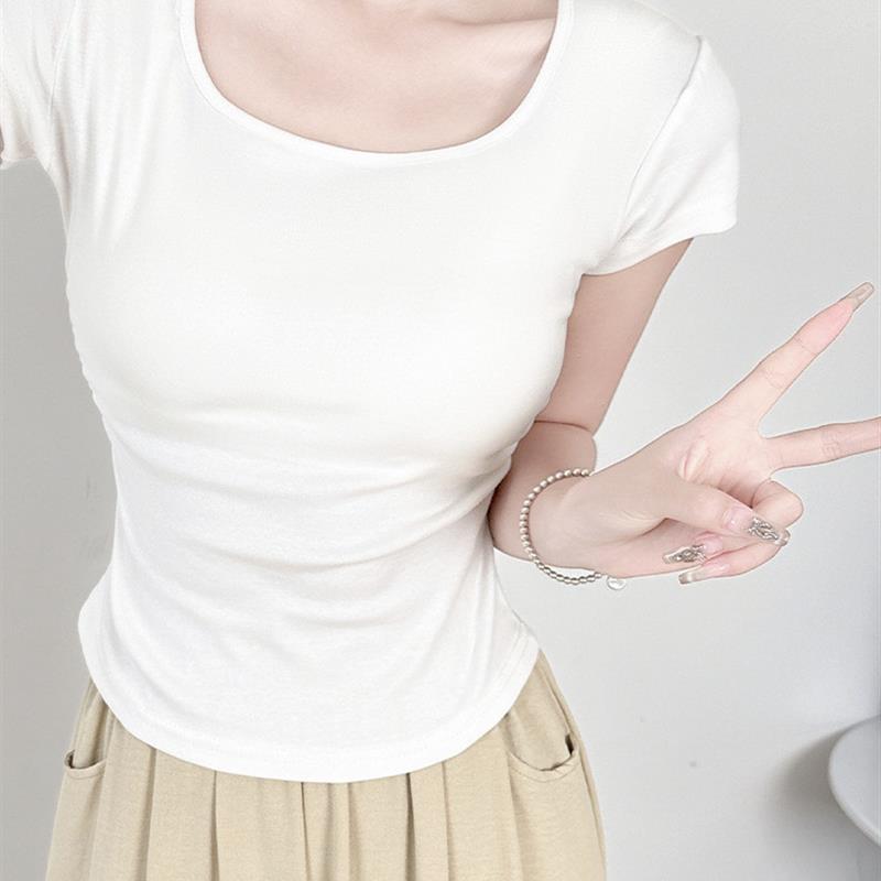 白色短袖t恤女春夏2025新款修身小众设计感掐腰短款正肩方U领上衣