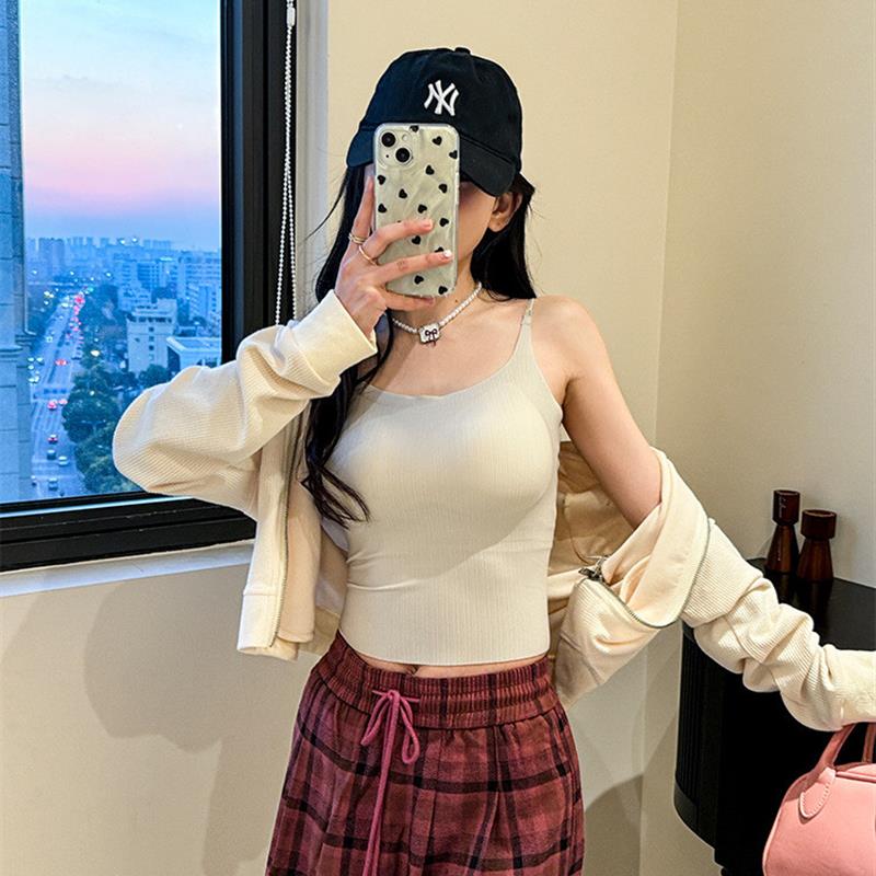 春夏季新款纯色吊带小背心女圆领设计感内搭打底修身显瘦无袖上衣