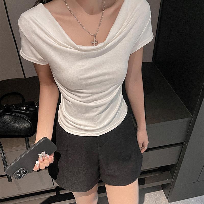 春夏季纯色一字肩短袖T恤短袖女设计感修身显瘦堆堆围巾领上衣