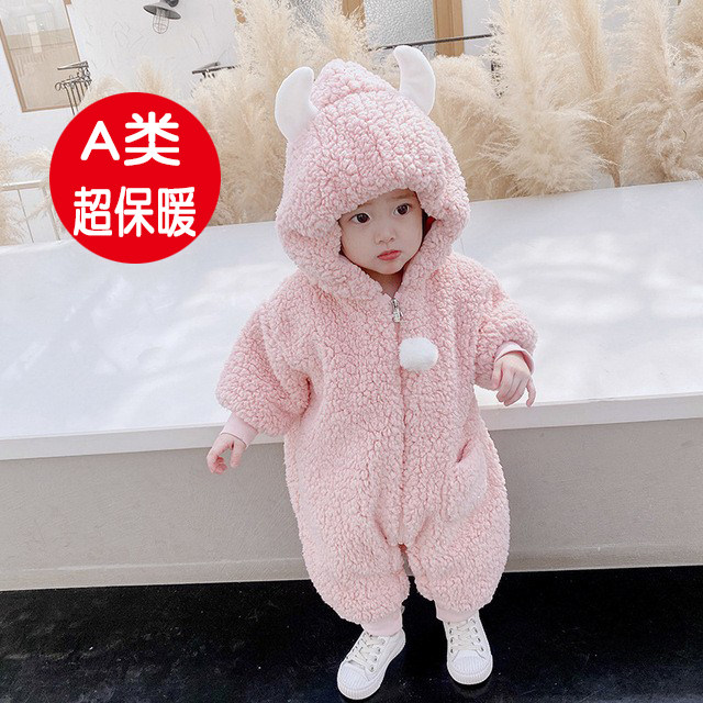 婴儿连体衣冬天加绒外出服超萌男女宝宝保暖连帽爬服套装加厚抱衣