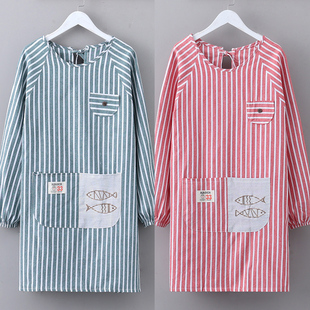 加厚双层防水波点罩衣围裙女纯棉棉布家用厨房做饭长袖男工作外套