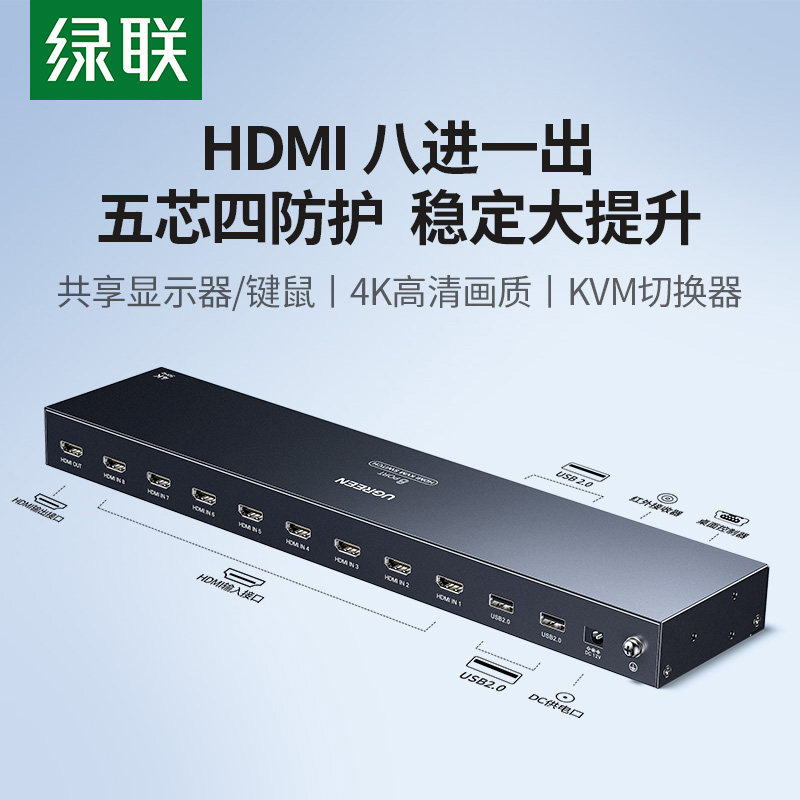 绿联 HDMI kvm切换器八进一出4K高清8台电脑主机共用一个显示同步