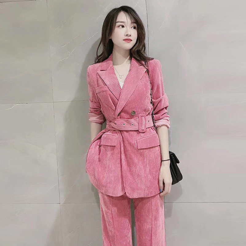 粉色灯芯绒西服职业套装女秋冬季