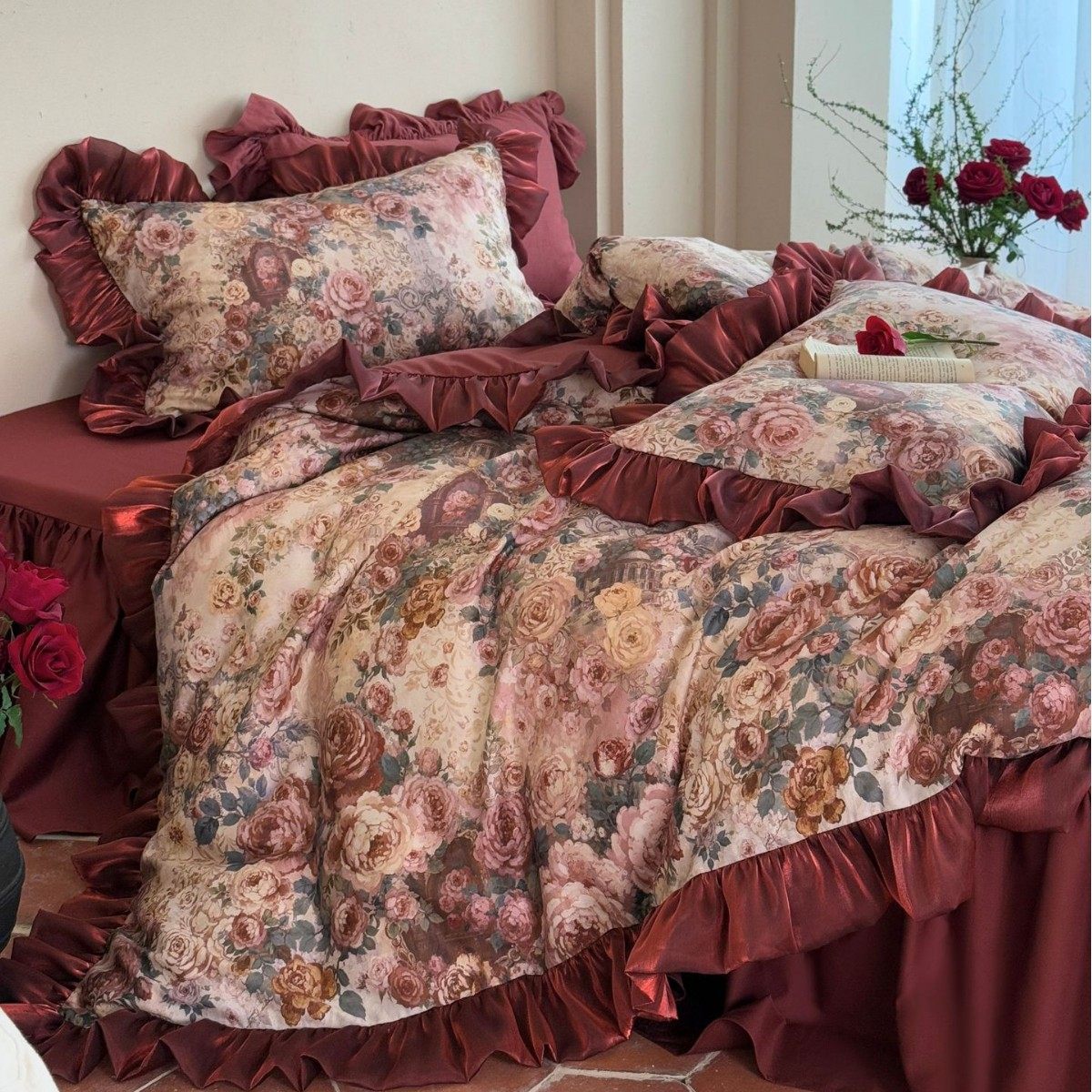 法式浪漫全棉长绒棉床裙款四件套复古花卉印花公主风花边结婚被套,床上用品,婚庆床品套件,淘宝优惠券,粉丝福利购,淘宝优惠卷