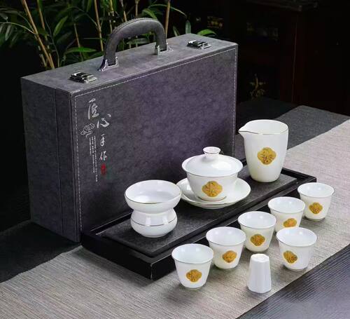 新款热卖高档羊脂玉瓷白瓷堆金功夫茶具套装男士节日陶瓷伴手礼品