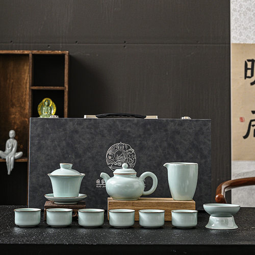 高档汝窑功夫茶具套装家用中式陶瓷手工汝瓷开片可养礼盒装伴手礼