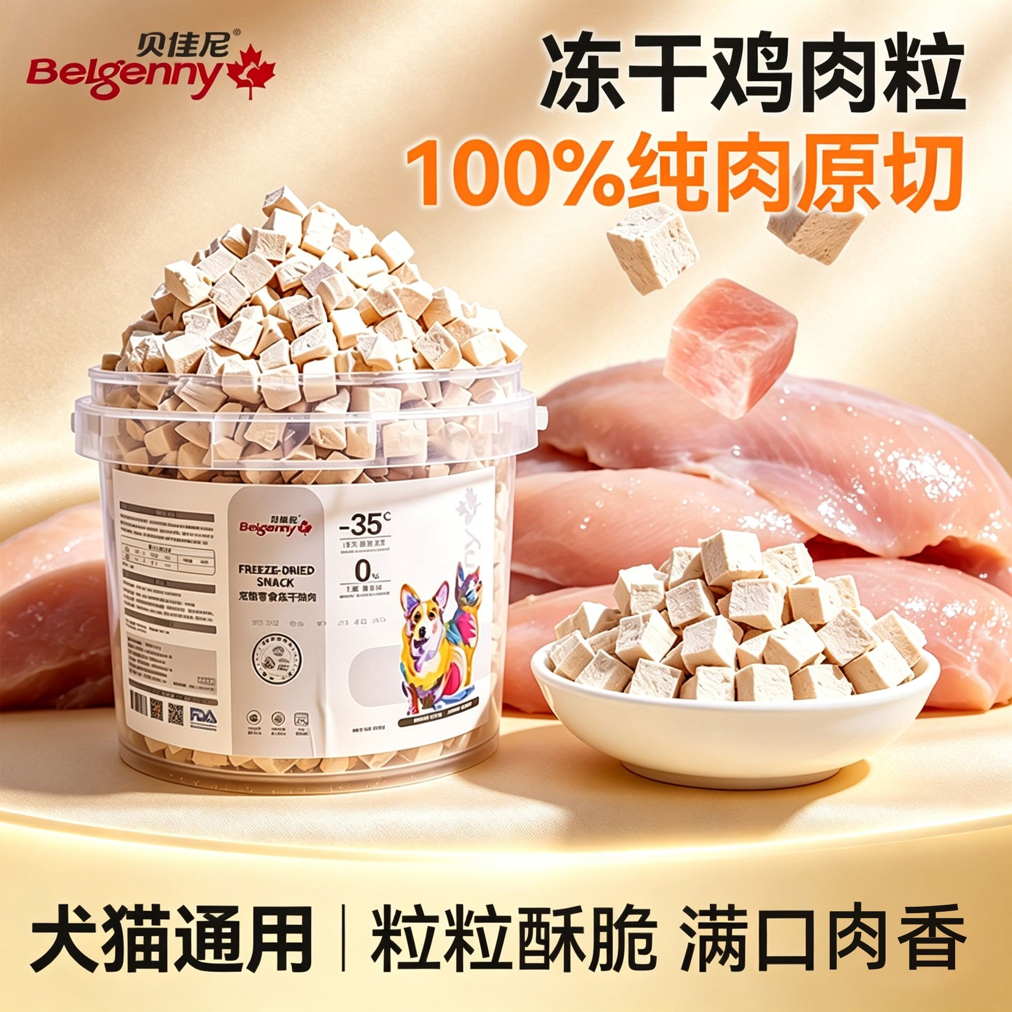 冻干鸡肉粒高营养鸡胸肉纯鲜肉原切磨牙训练狗狗猫咪冻干零食桶装