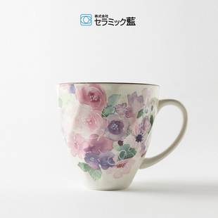 现货日本ceramic蓝美浓烧和风可爱手绘女生花茶陶瓷马克杯咖啡杯