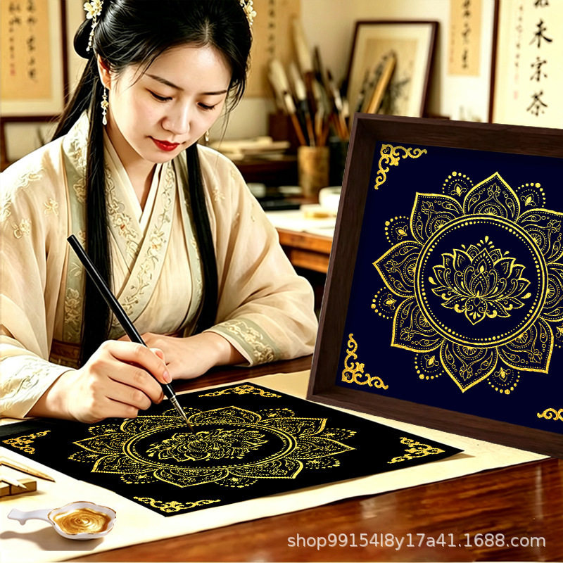 六字唐卡DIY手绘描金线稿摆台装饰画成人解压数字油画解闷静心