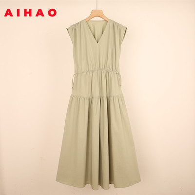V领无袖棉质抽绳收腰气质连衣裙