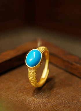 持久保色古法镀金人造松石国潮复古吉祥如意花纹戒指镂空指环女