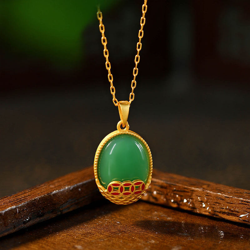 新中式国潮新品珐琅彩财源滚滚项链女镶嵌仿和田玉无事牌玉佩挂坠