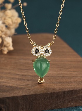 创意设计宫廷风复古猫头鹰镶嵌玉髓玛瑙吊坠铜镀金女汉服旗袍项链