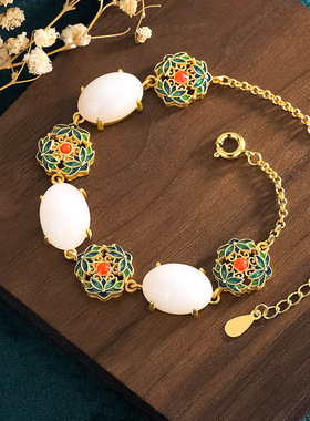 2025夏季国潮宫廷风古法镀金冷珐琅花簇镶仿和田玉设计感小众手链