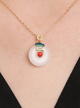 项链汉服旗袍配饰和田玉平安扣吊坠古法金烧蓝祥云中国民族风项饰