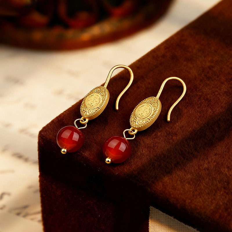 节日新款电镀沙金耳环新中式小众高级感囍字天然玉髓耳饰汉服古风,饰品/流行首饰/时尚饰品新,耳钉,淘宝优惠券,粉丝福利购,淘宝优惠卷