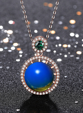 旗袍汉服饰配合成蓝珀吊坠镀玫瑰金镶嵌净水蓝珀项链琥珀蜜蜡圆珠