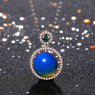 旗袍汉服饰配合成蓝珀吊坠镀玫瑰金镶嵌净水蓝珀项链琥珀蜜蜡圆珠