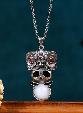 国潮醒狮项链女款新中式仿玉石锁骨链文艺复古风民族风小熊猫吊坠