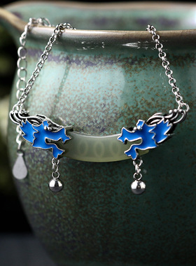 民族风国潮项链女小众设计感镀银仿和田玉中国风祥龙复古装锁骨链