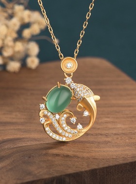 宫廷风设计项饰镶嵌和田玉青玉年年有鱼古典汉服气质女吊坠锁骨链