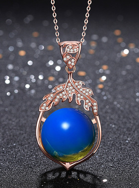 宫廷汉服旗袍配饰复古加合成蓝珀玫瑰金项饰女式琥珀蜜蜡吊坠项链