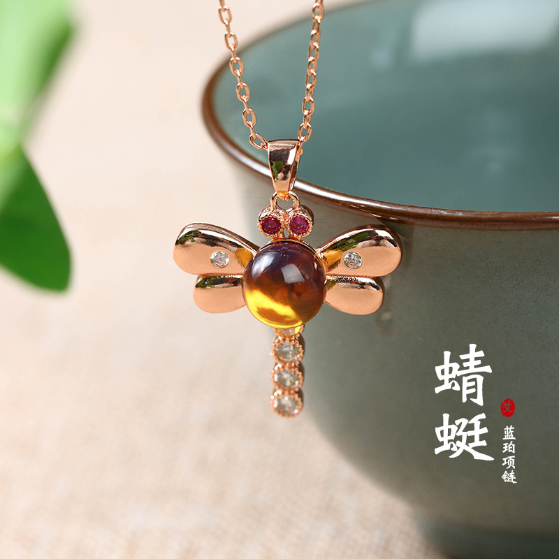 女网红主播同款项坠仿墨西哥蓝珀气质圆珠小众设计感轻奢锁骨项链