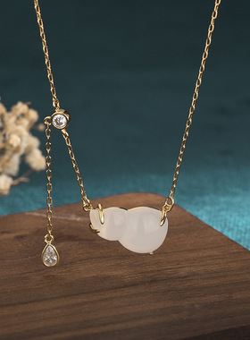 汉服宫廷旗袍配饰复古法镀金镶嵌玉髓葫芦福禄吉祥物挂坠仙女项链