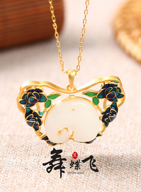 旅游景点热卖中国风设计感珐琅彩镶嵌福气大象仿和田玉平安锁项链