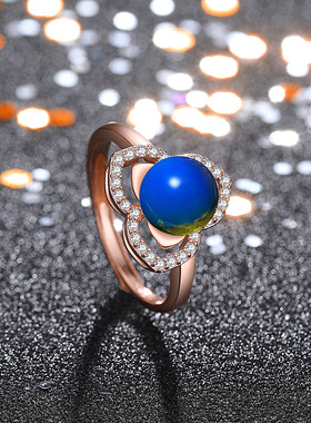 网红中国宫廷风扳指古典旗袍汉服配饰镶嵌蓝珀琥珀圆珠戒指送长辈