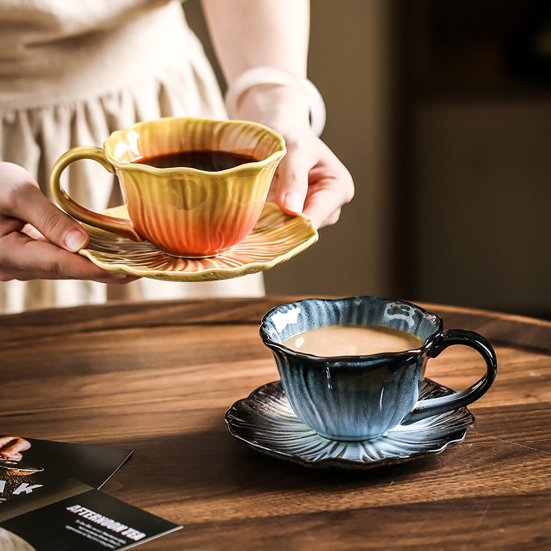 复古窑变釉下彩陶瓷咖啡杯碟拿铁专用拉花杯中古杯花茶杯子马克杯