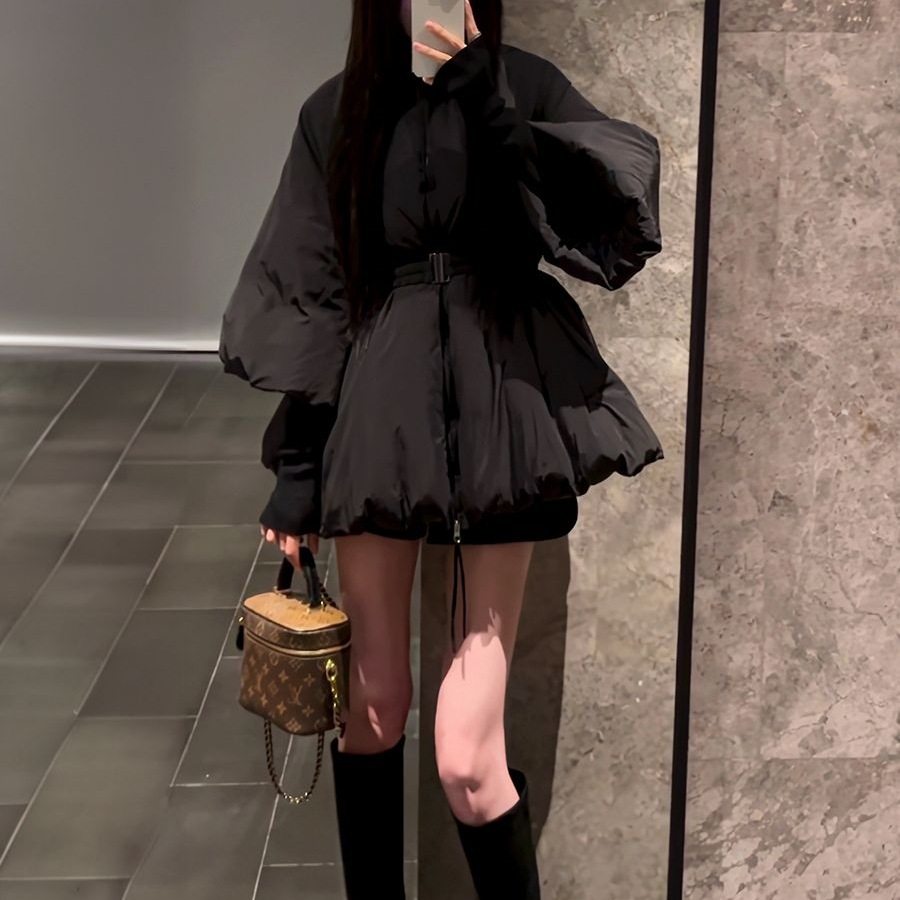 韩系小香风棉服女黑色灯笼袖收腰时尚保暖棉袄高级感面包服外套